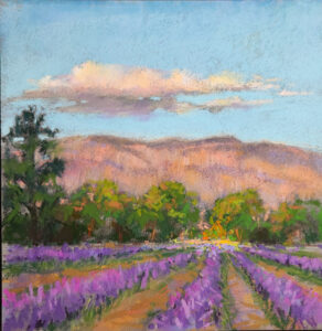 Field painting with trees and flowers
