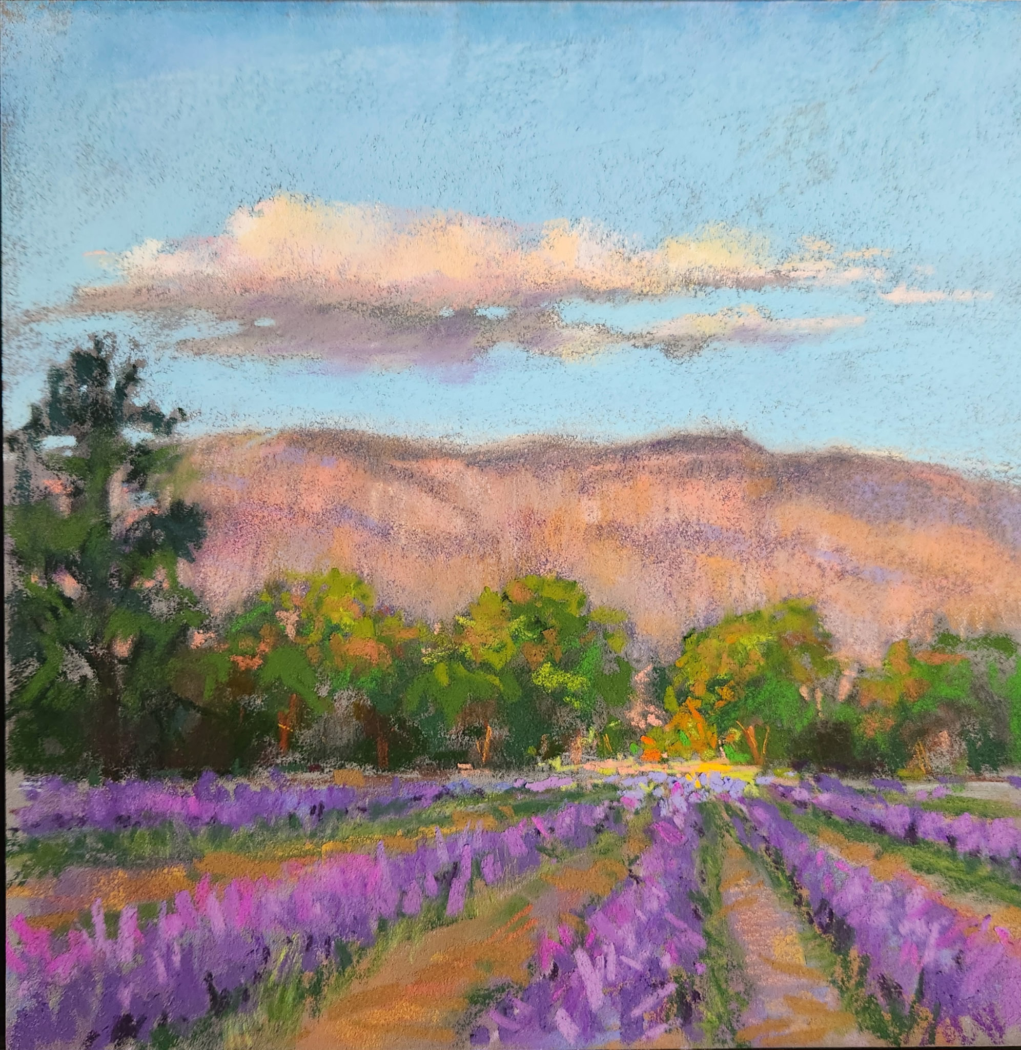Field painting with trees and flowers